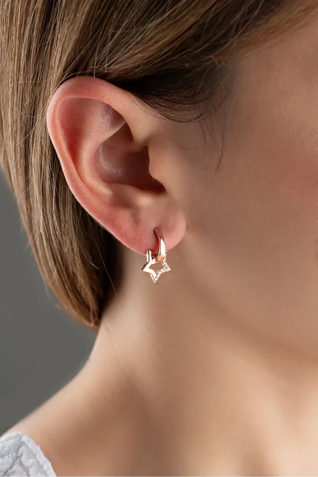 Gümüş Rose Zirkon Taşlı Yıldız Küpe