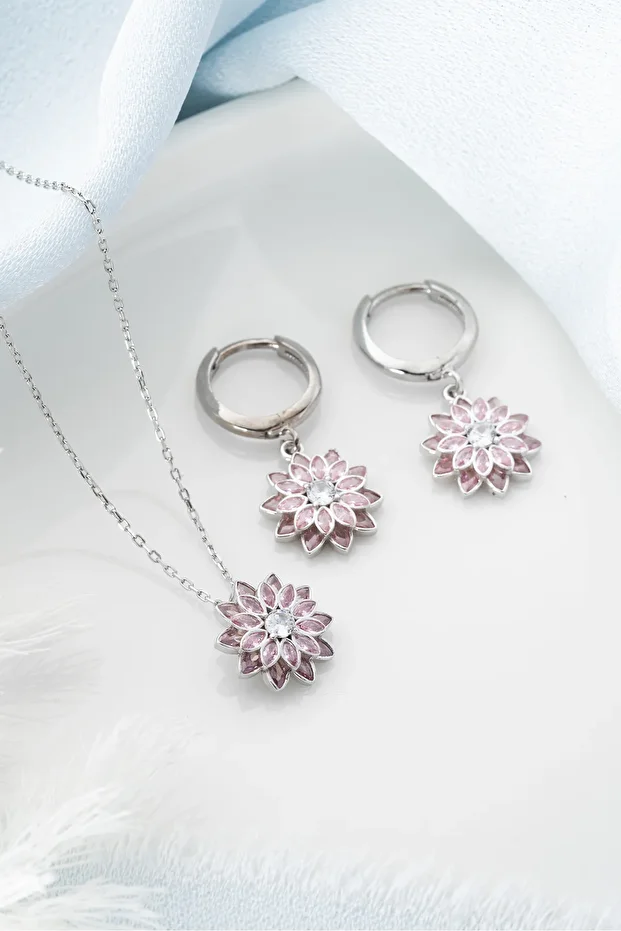 Gümüş Pembe Taşlı Kolye Küpe Set