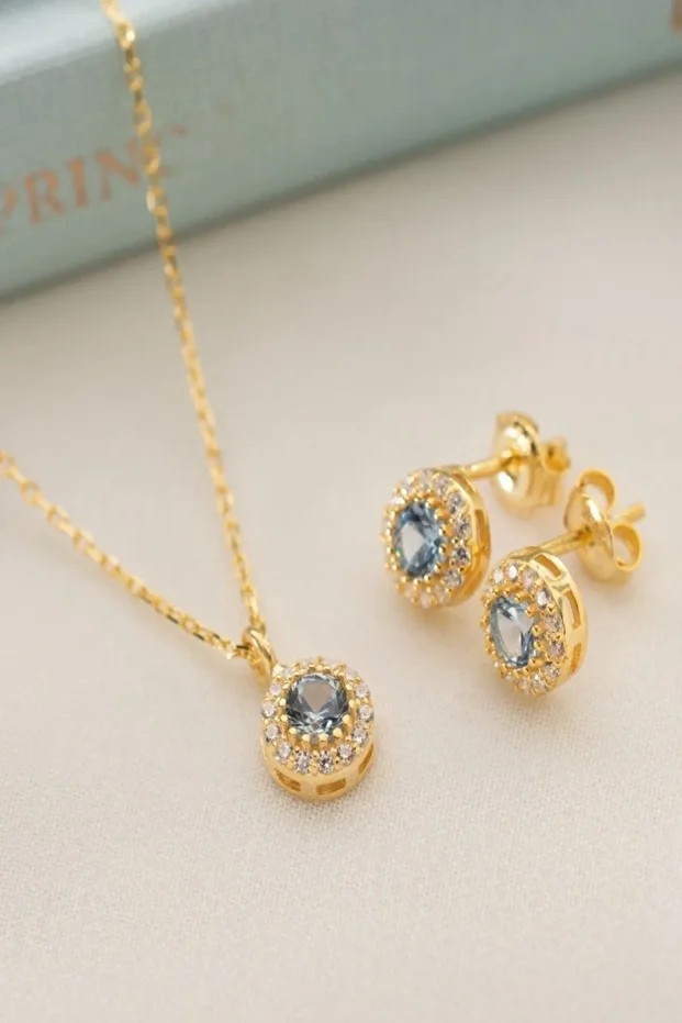 Gümüş Mart Ayı Doğum Taşı ( Aquamarine ) Kolye - Küpe Seti