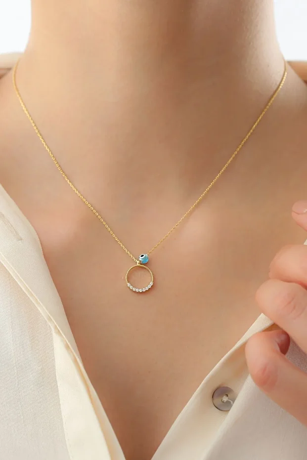 Gold Zirkon Taşlı Nazarlı Halka Gümüş Kolye