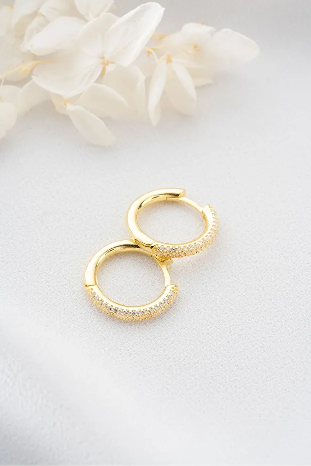 Gümüş Gold Zirkon Taşlı Halka Küpe