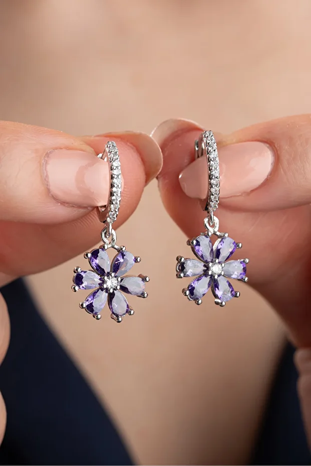 Gümüş Mor Lotus Çiçeği Küpe