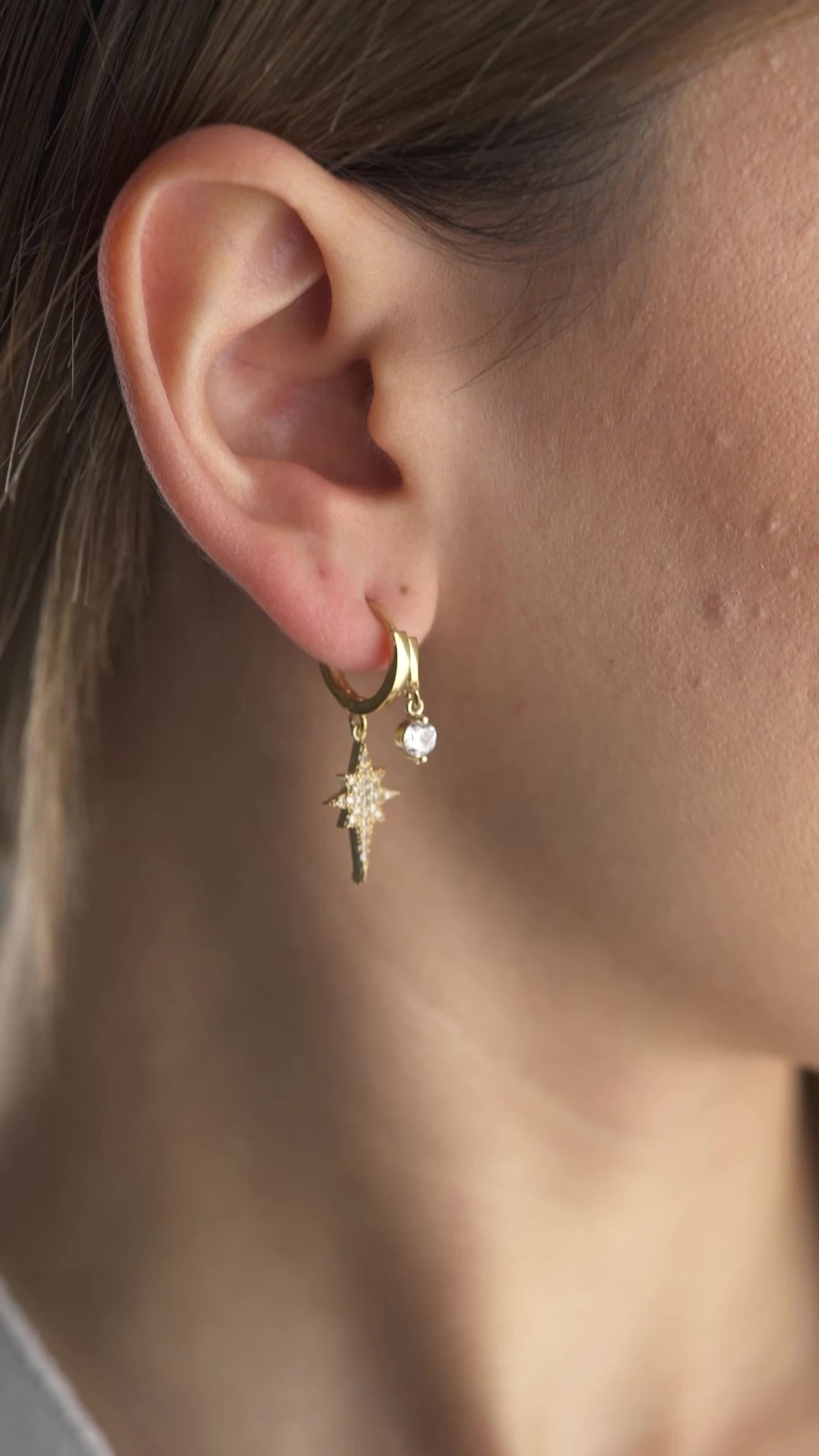 Gümüş Gold Çift Taşlı Kutup Yıldızı Küpe