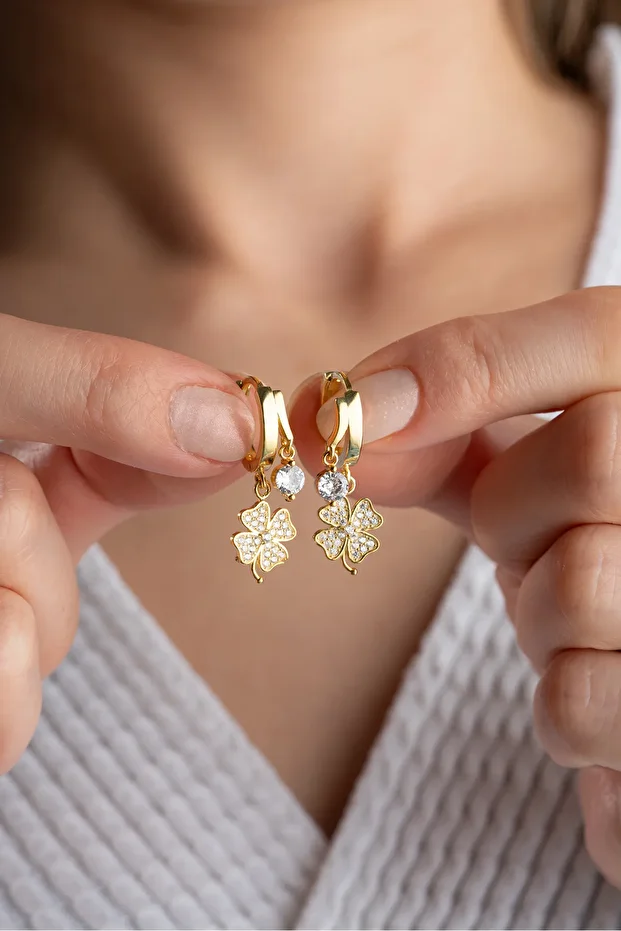 Gümüş Çift Taşlı Yonca Küpe