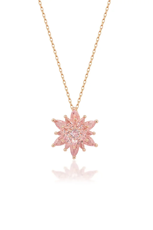 Gümüş 4 Katman Pembe Lotus Çiçeği Kolye