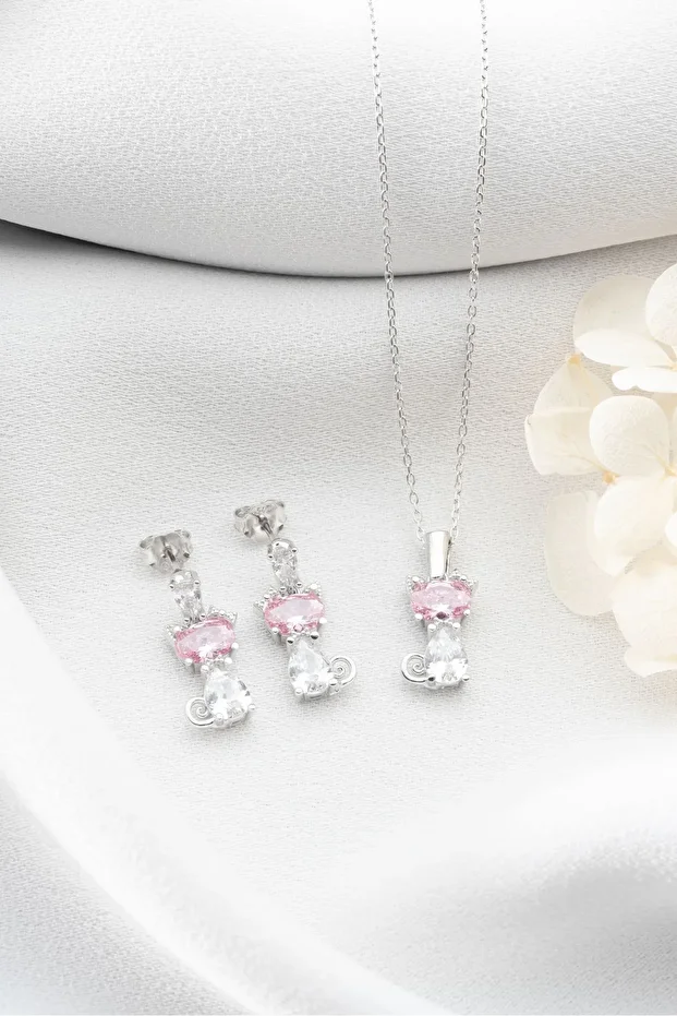 Gümüş Pembe Taşlı Kedi Kolye Küpe Seti
