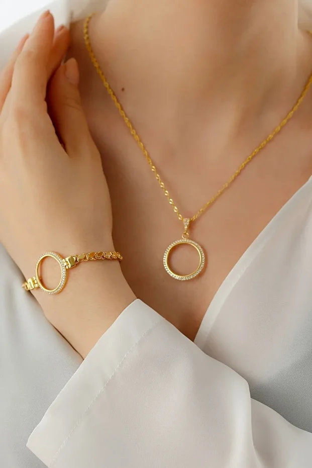 Gümüş Çeyrek Altın Için Pullu Zincir Bileklik & Kolye Set