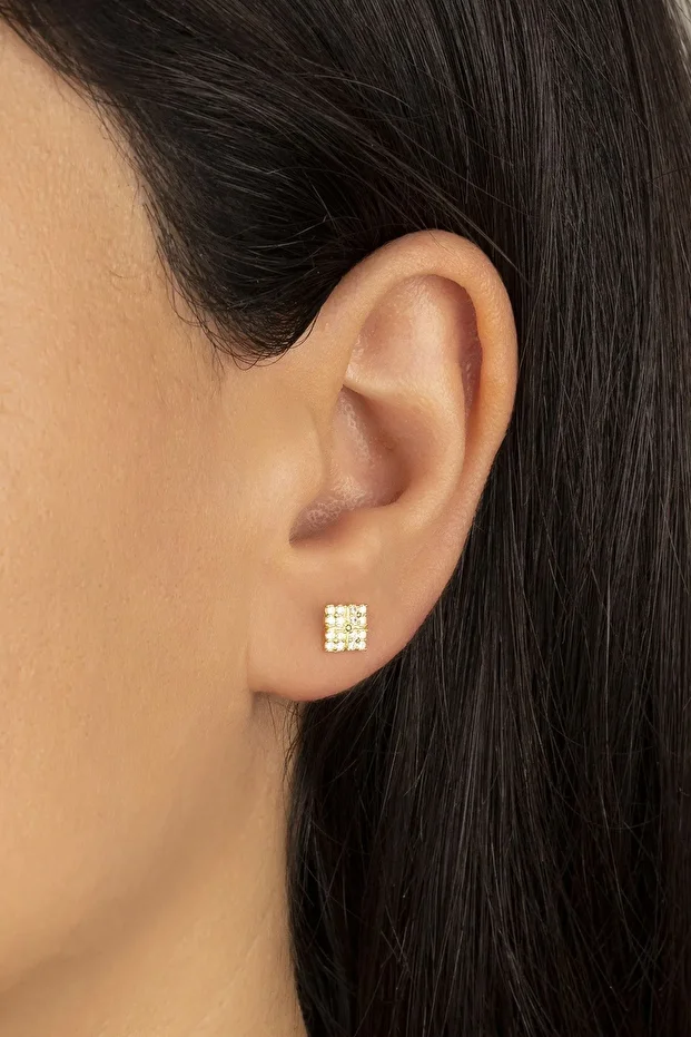 Gold Zirkon Taşlı Gümüş Küpe