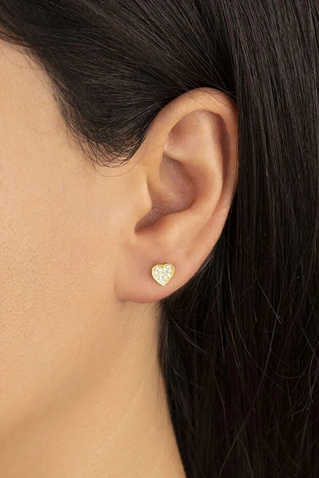 Gold Zirkon Taşlı Kalp Gümüş Küpe