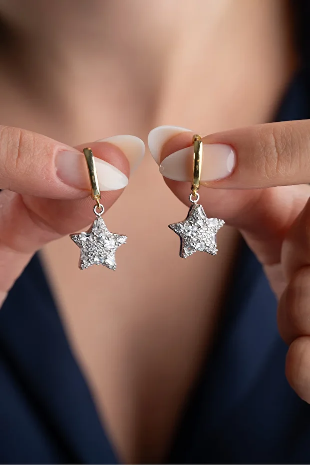 Gümüş Baget Taşlı Yıldız Küpe