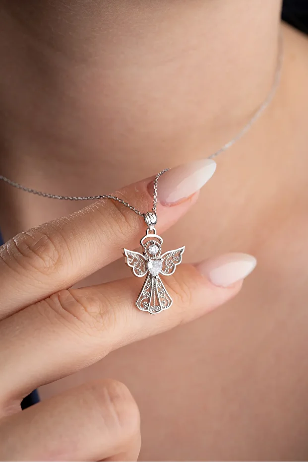 Gümüş Kalp Tektaş Melek Kolye