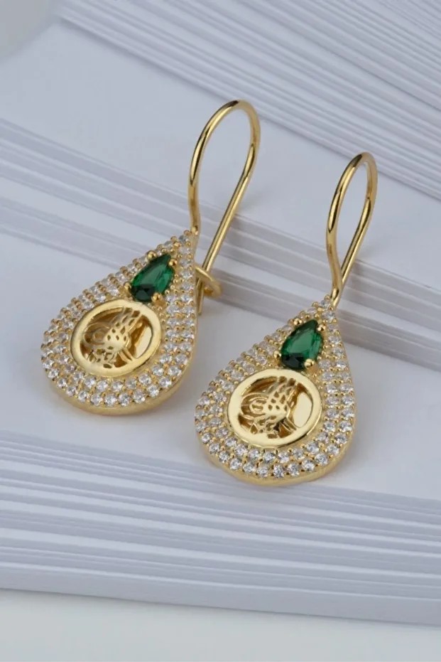 Gold Zirkon Taşlı Tuğralı Gümüş Küpe