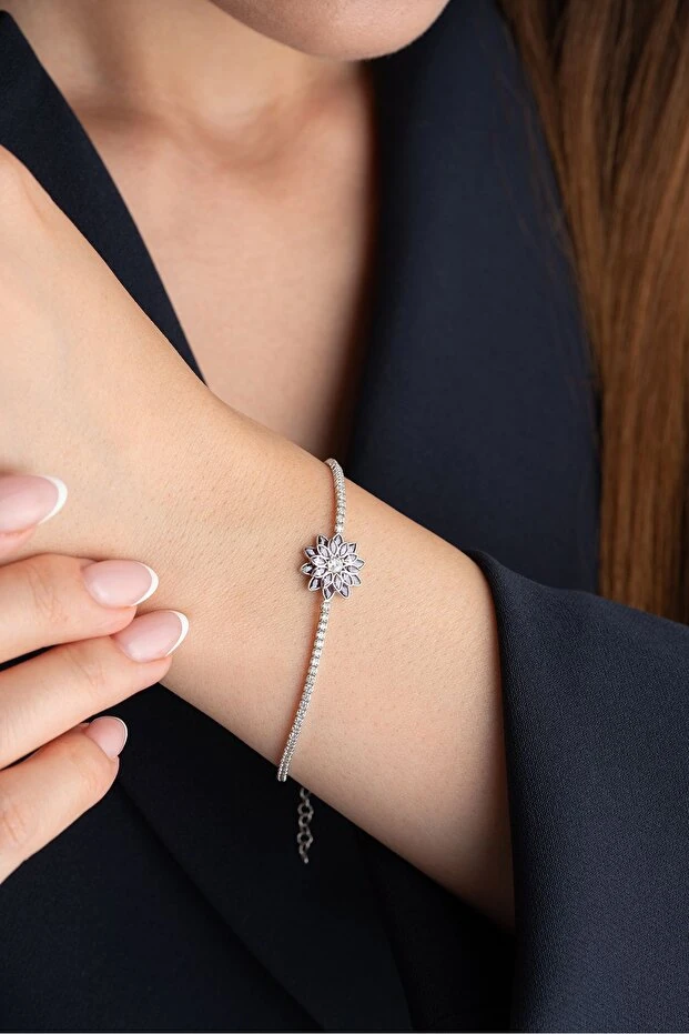 Gümüş Mor Taşlı Lotus Su Yolu Bileklik