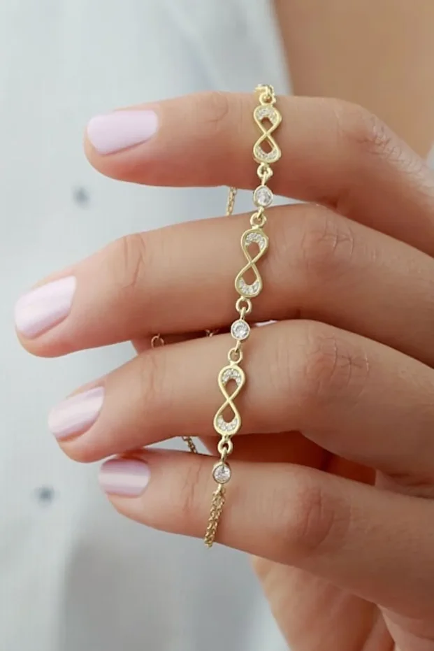 Gold 3'lü Sonsuzluk Zirkon Taşlı Gümüş Bileklik