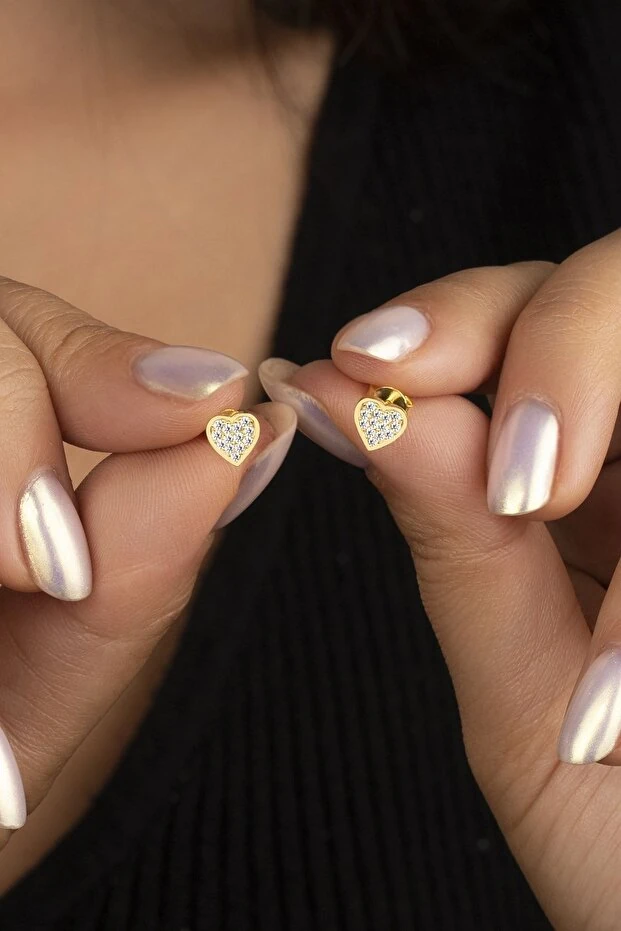 Gold Zirkon Taşlı Kalp Gümüş Küpe