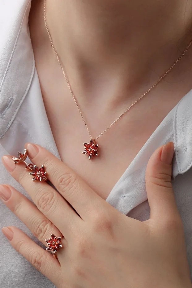Gümüş Kırmızı Lotus Çiçekli Takı Set