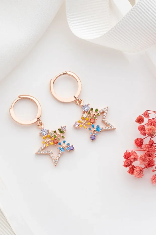Gümüş Rose Mix Taşlı Yıldız Küpe