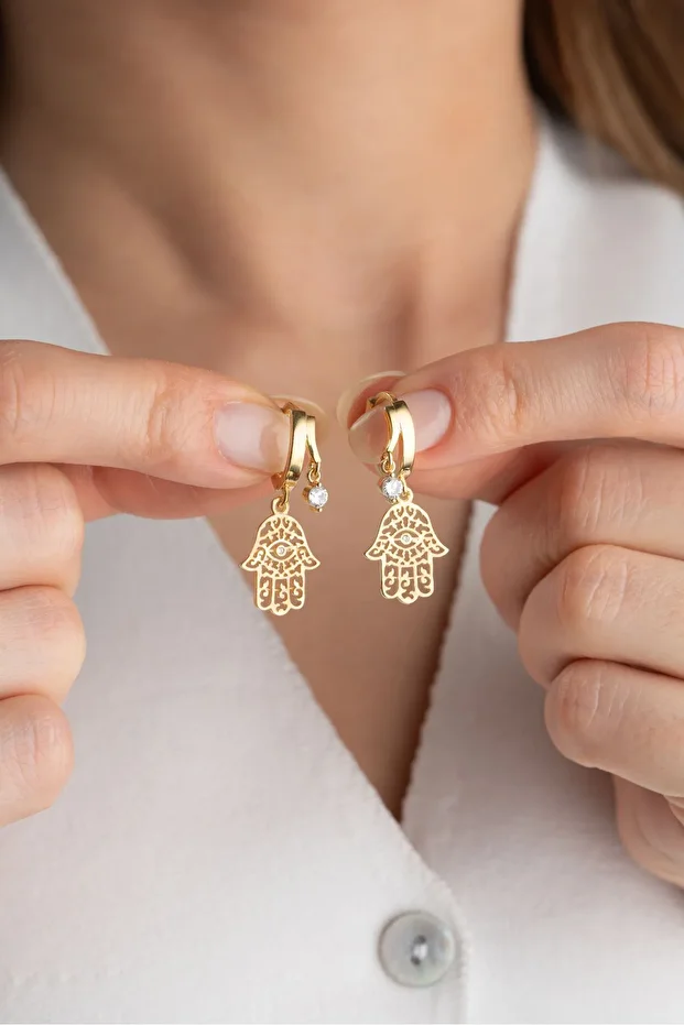 Gümüş Çift Taşlı Fatma Ana Eli Küpe