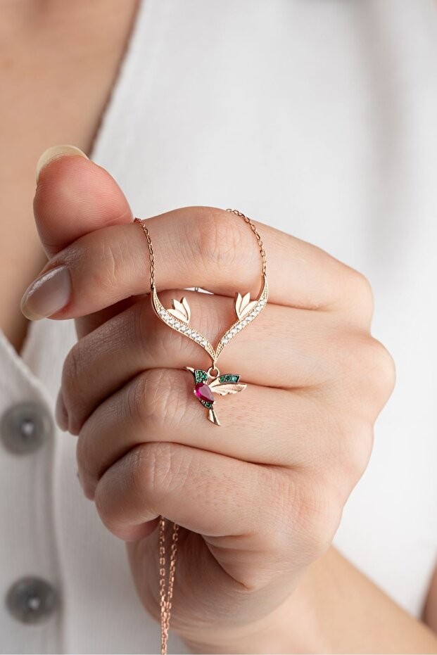 Gümüş Sallantılı Rose Arı Kuşu Kolye