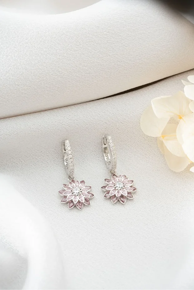 Gümüş Pembe Lotus Çiçeği Küpe