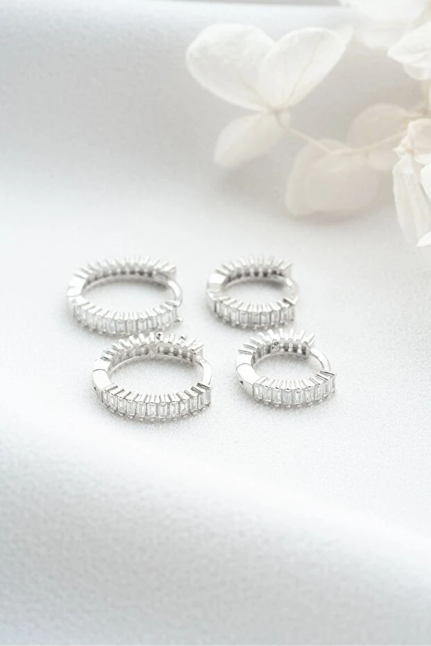 Gümüş Baget Taşlı 2'li Set Halka Küpe