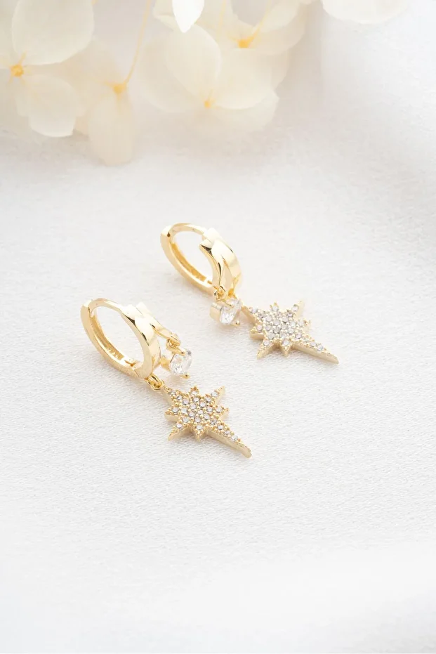 Gümüş Gold Çift Taşlı Kutup Yıldızı Küpe