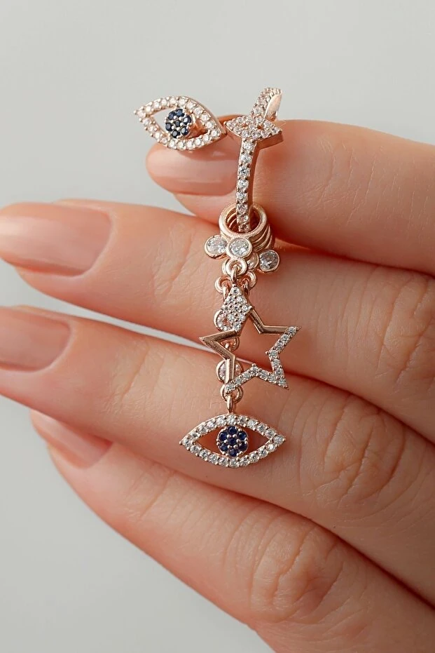 Gümüş Göz Detaylı Sallantılı-çivili Ikili Trend Küpe (tek)