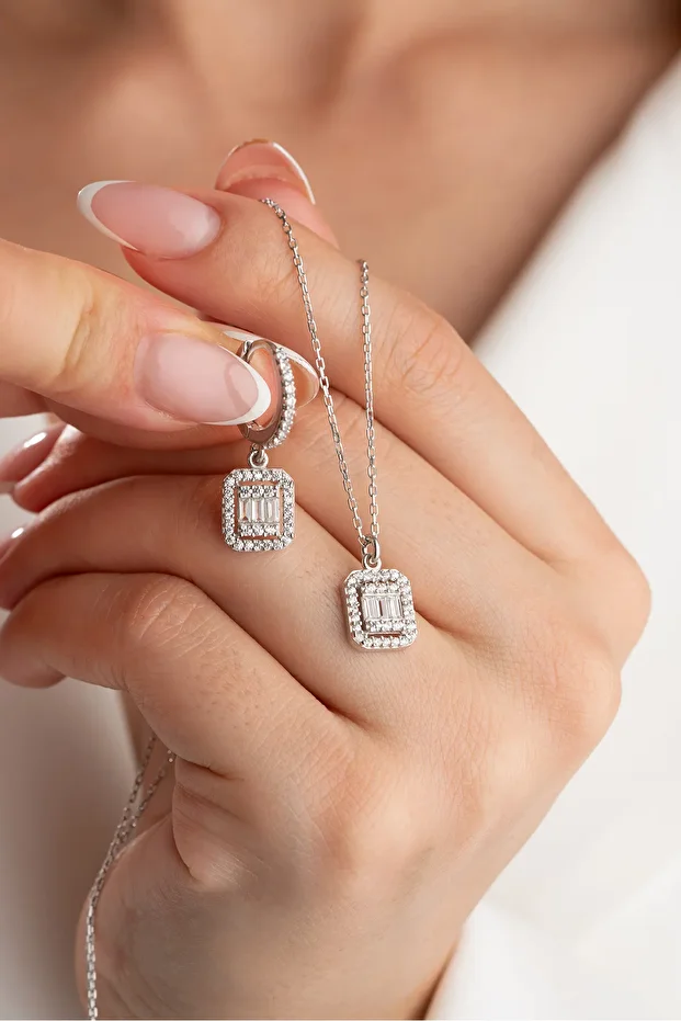 Gümüş Baget Kolye Küpe Set
