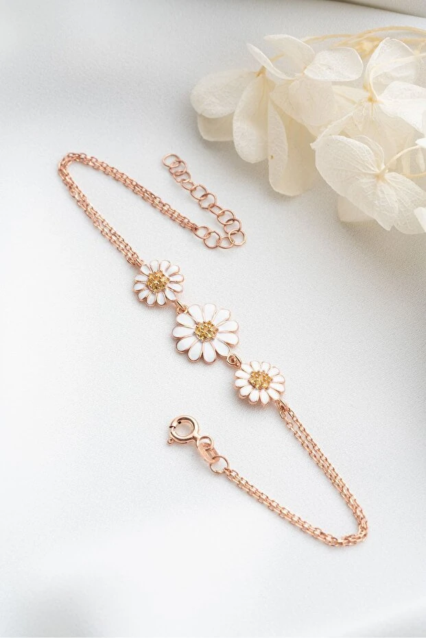 Üçlü Papatya Model Rose Gümüş Bileklik