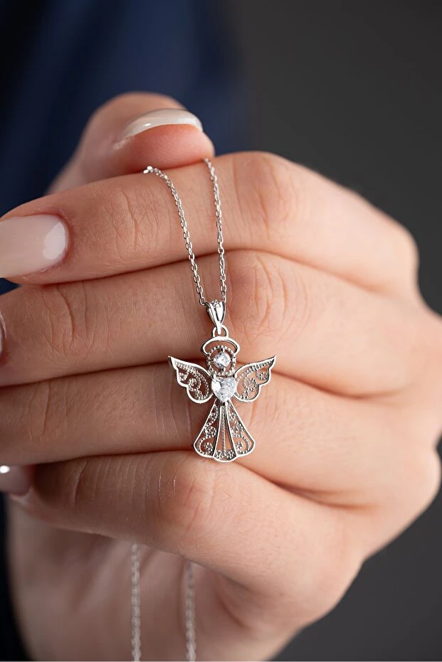 Gümüş Kalp Tektaş Melek Kolye