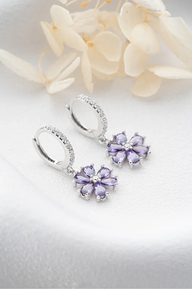 Gümüş Mor Lotus Çiçeği Küpe