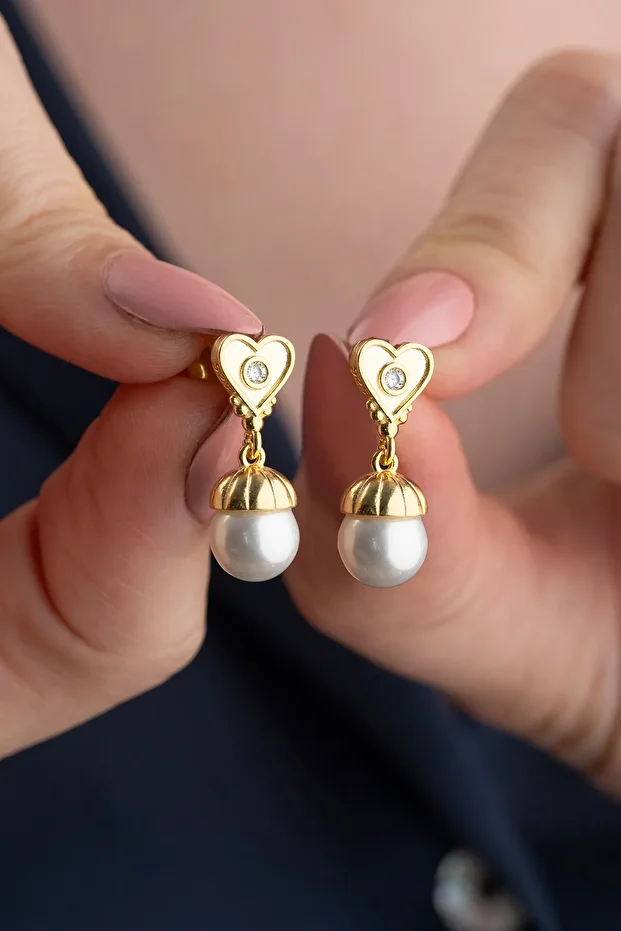 Gümüş incili Kalpli Gold Küpe