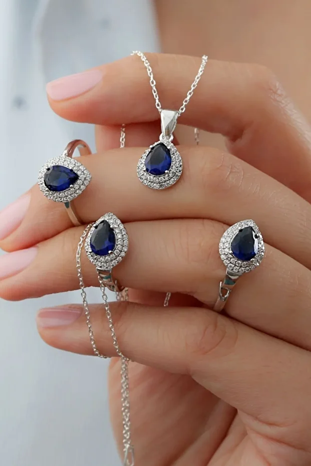 Gümüş Mavi Taşlı Takı Seti