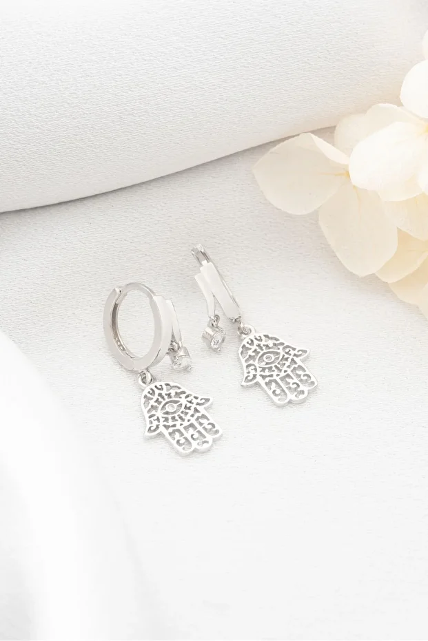 Gümüş Çift Taşlı Fatma Ana Eli Küpe