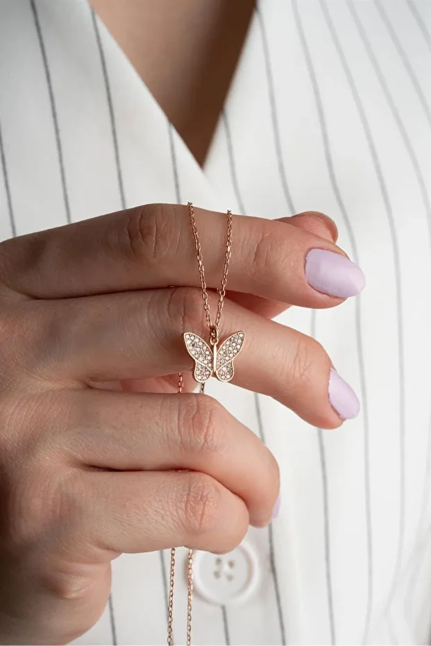 Rose Kelebek Gümüş Kolye