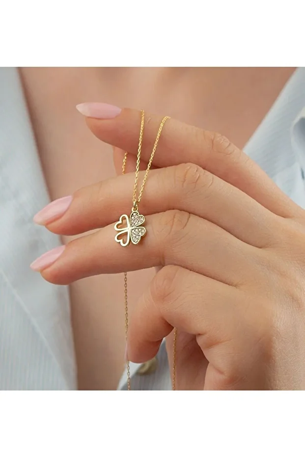 Gold Yonca Zirkon Taşlı Gümüş Kolye