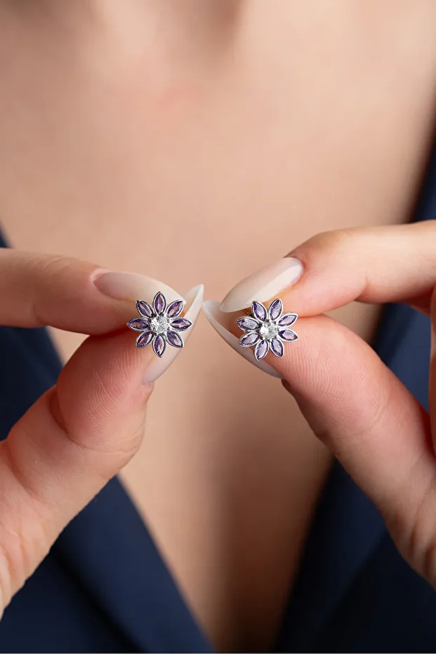 Gümüş Mor Taşlı Lotus Küpe