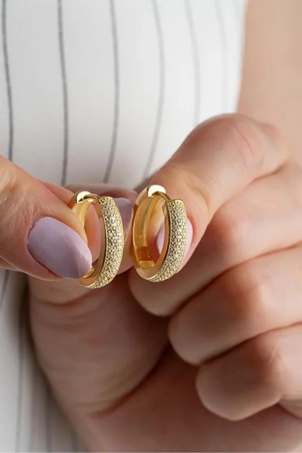 Gold Sıra Taşlı Halka Gümüş Küpe