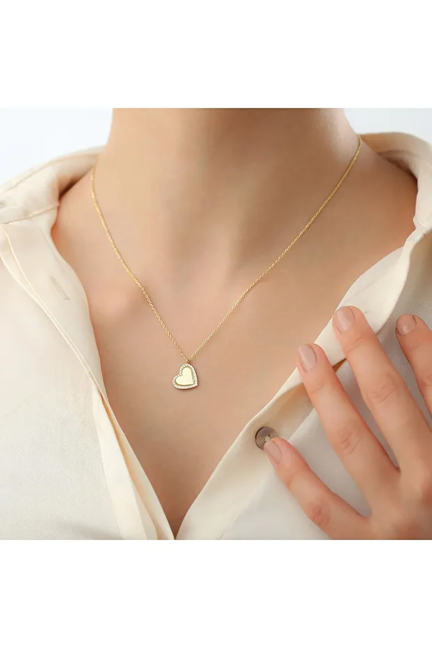 Gümüş Minimal Taşlı Kalp Gold Kolye