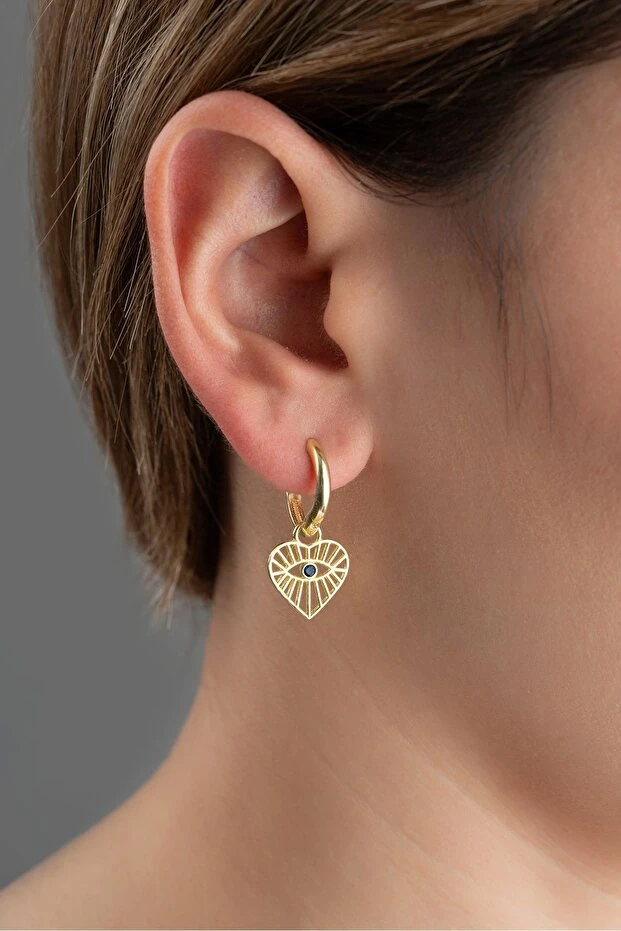 Gümüş Gold Göz Detaylı Kalp Küpe