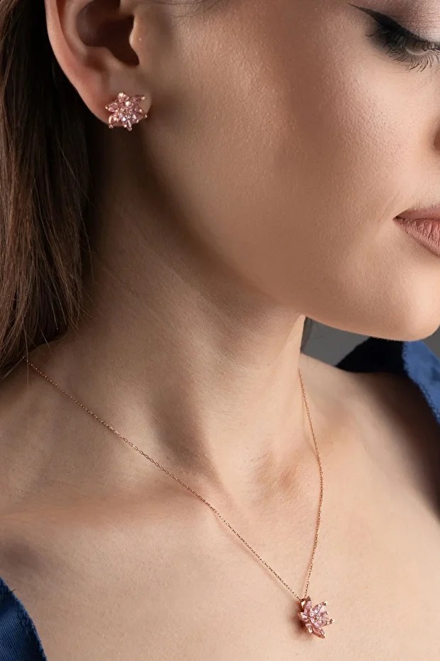 Gümüş Pembe Lotus Çiçeği Kolye Küpe Seti