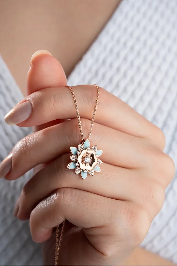 Gümüş Rose Mavi Mineli Lotus Kolye