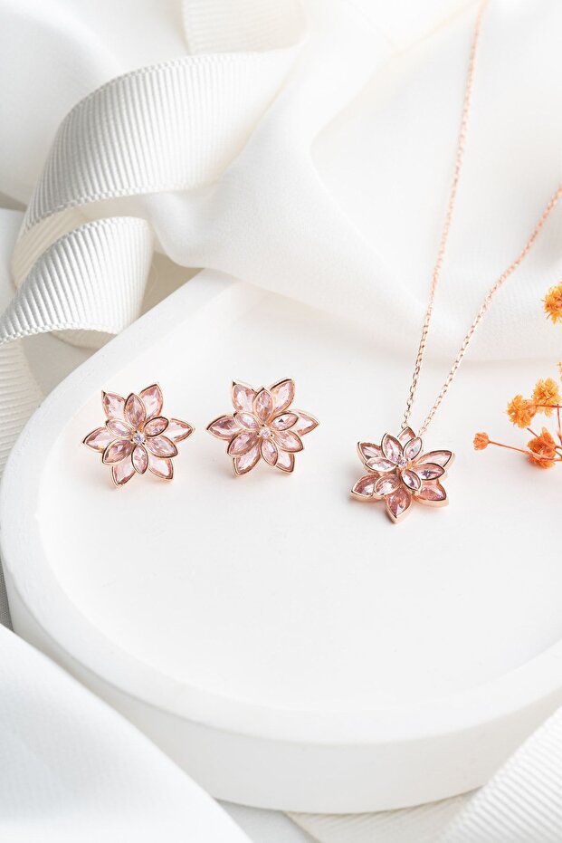 Lotus Çiçeği Gümüş Kolye Küpe Set