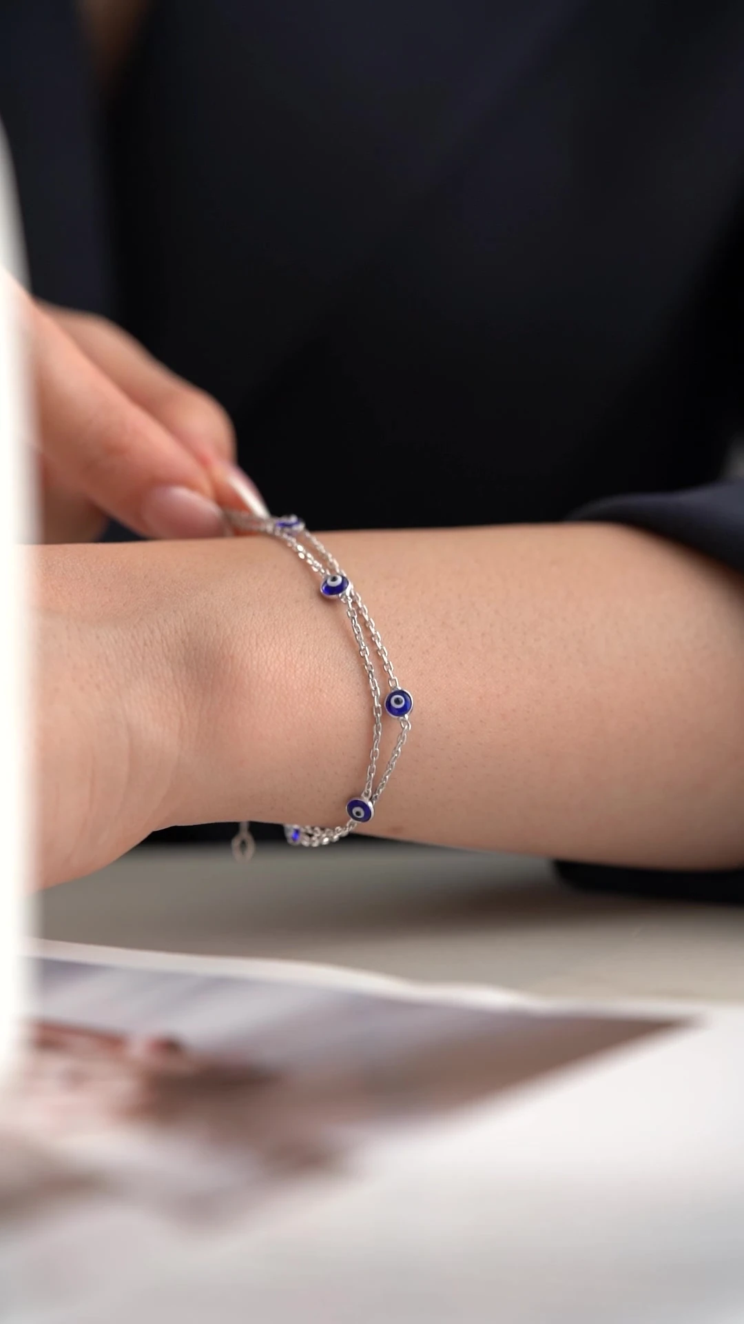 Gümüş Nazarlı Çift Zincir Bileklik