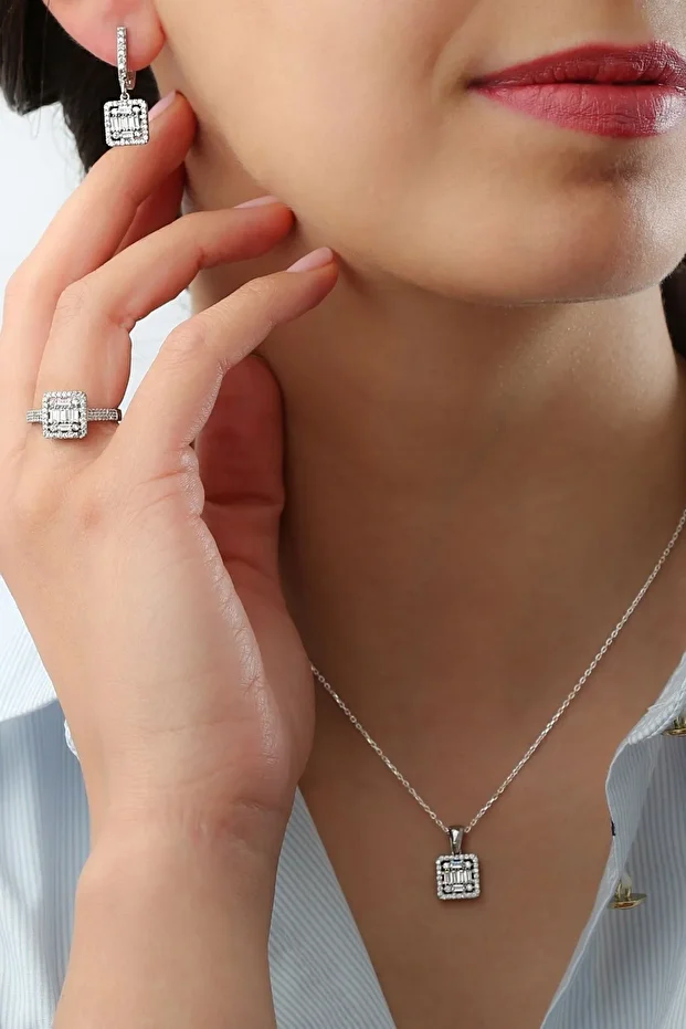 Gümüş Baget Taşlı Takı Set
