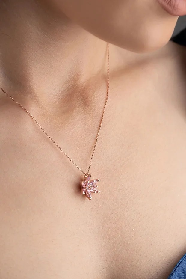 Gümüş Pembe Lotus Çiçeği Kolye Küpe Seti