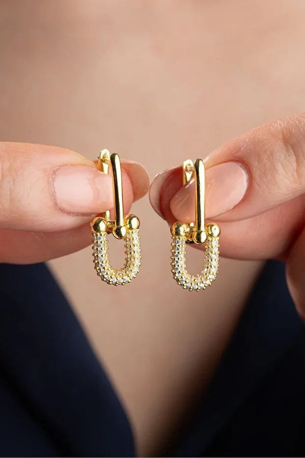 Gümüş Gold Zirkon Taşlı Trend Küpe