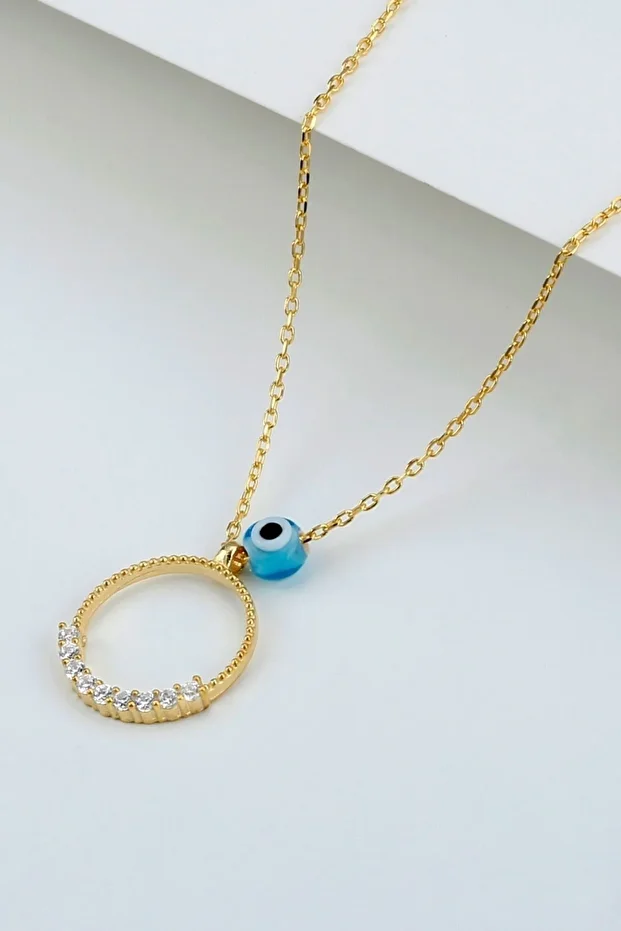 Gold Zirkon Taşlı Nazarlı Halka Gümüş Kolye