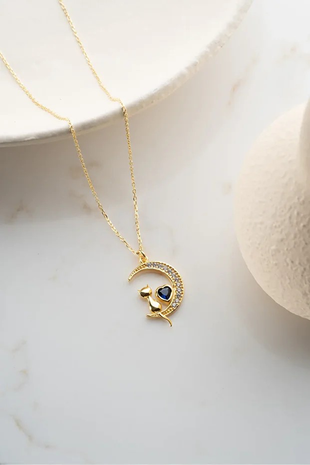 Gümüş Işıklı Kutuda Mavi Taşlı Gold kedi Kolye