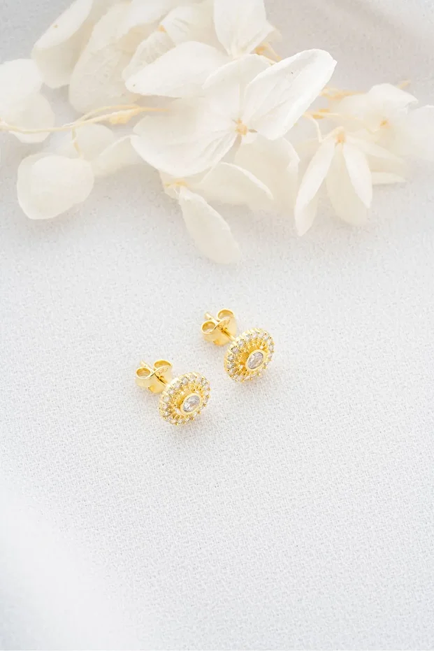 Gümüş Gold Taşlı Minik Çivili Küpe